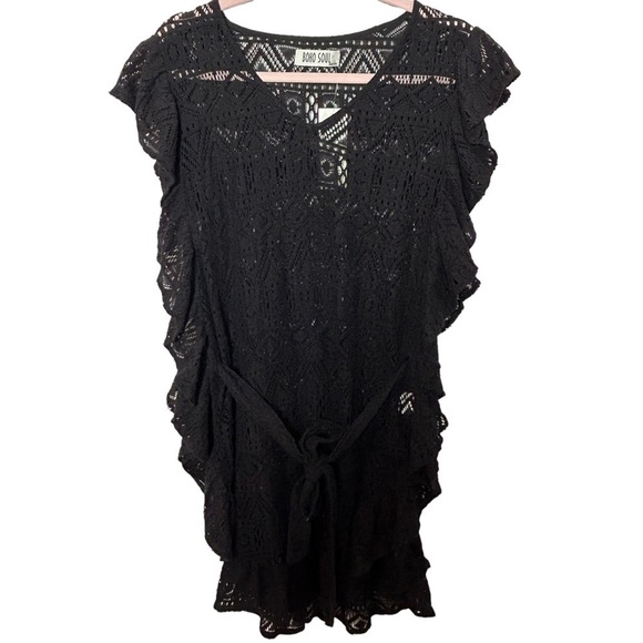 Boho Soul Black Lace Ruffle Waist Tie Coverup, NWT - Picture 3 of 15